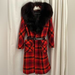 Lilli Ann 60’s Vintage Scottish Knit Plaid Red Coat w/ Real Fox Fur Collar